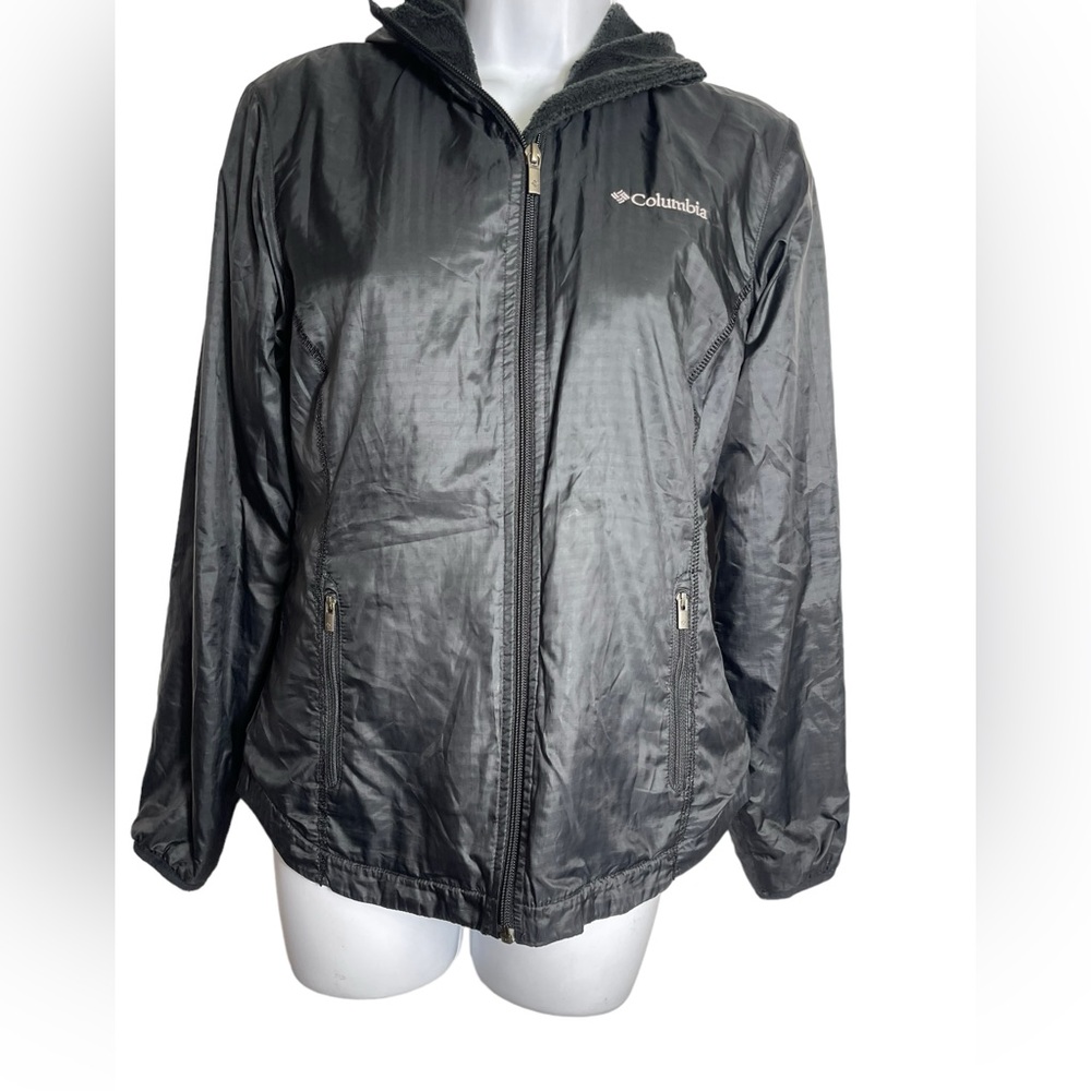 Columbia size XS like new black windbreaker hooded jacket with fleece lining